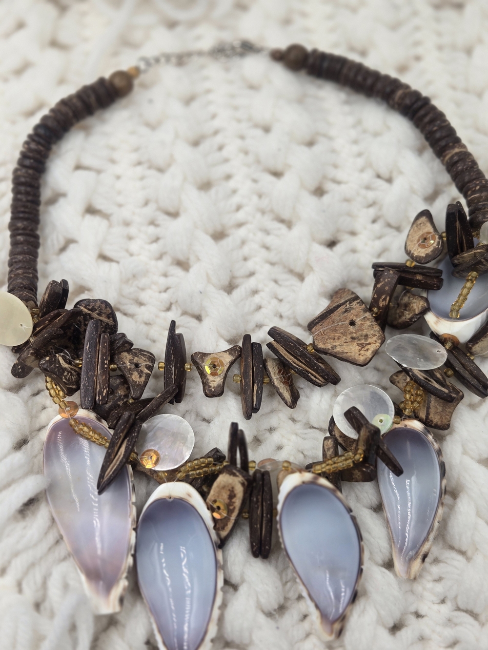 Boho Shell & Wood Statement Necklace in Natural Brown and Iridescent Blue